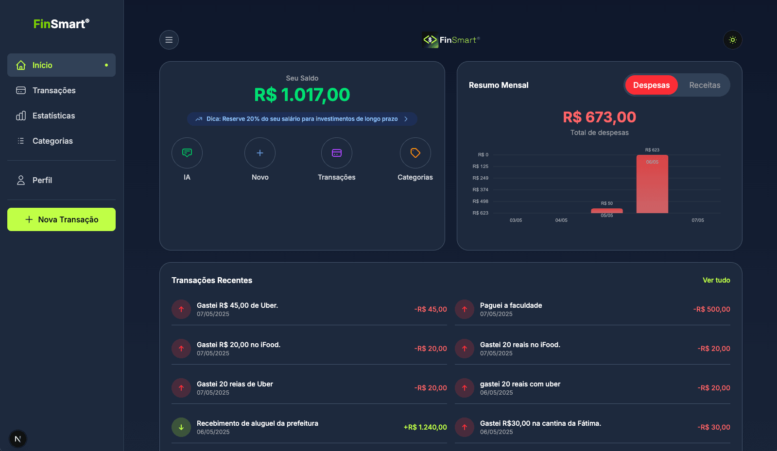 Dashboard do FinSmart